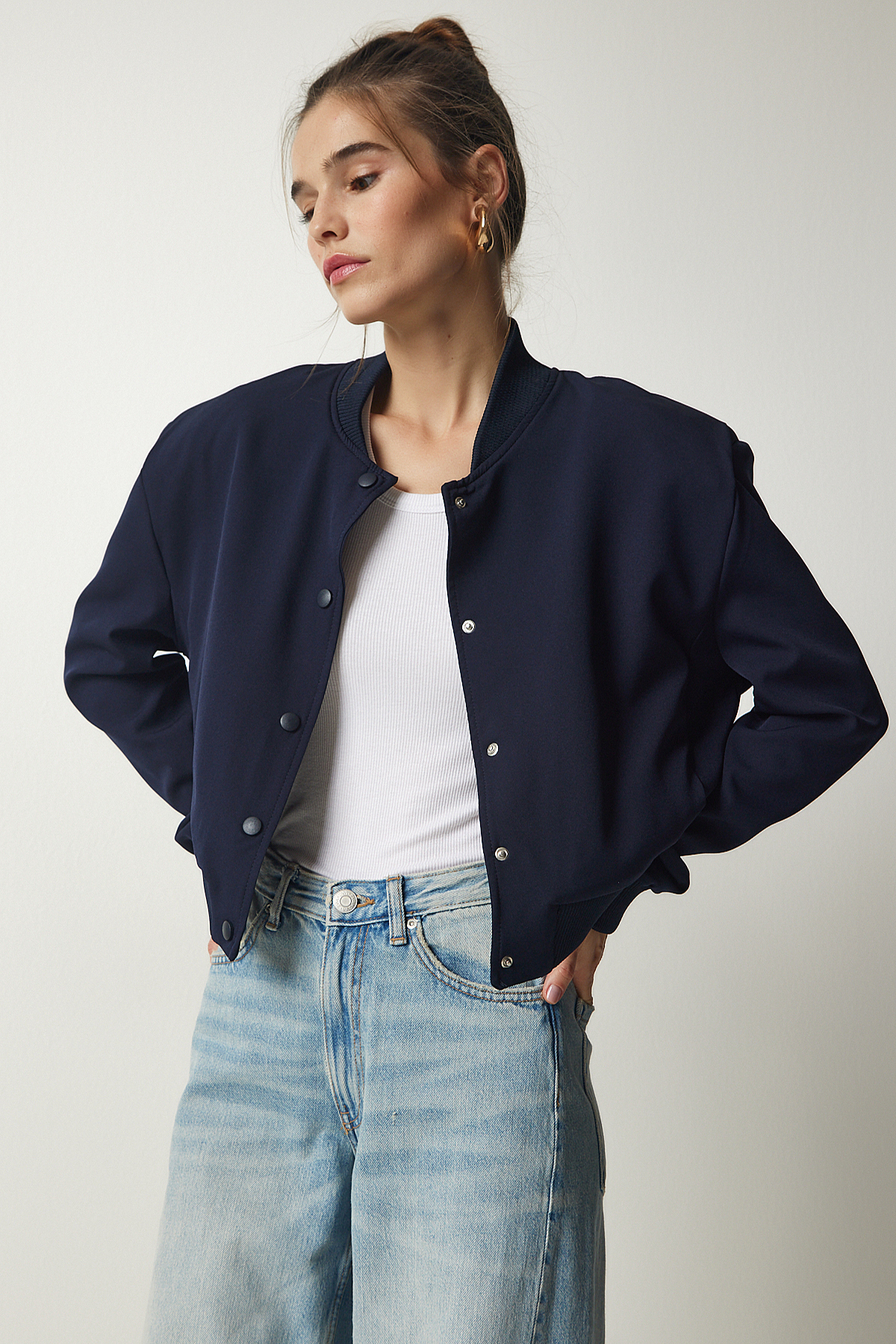 Happiness İstanbul Marineblaue Bomberjacke Mit Taschen für Damen - 40