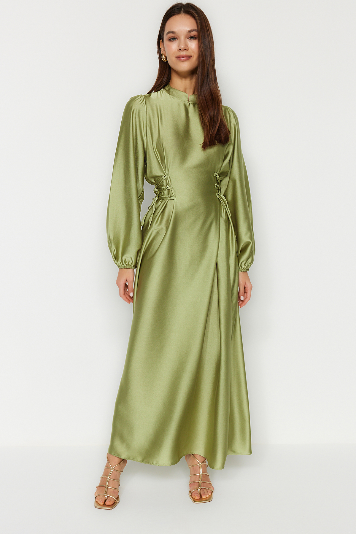 Trendyol Modest Grünes Britli-satin-abendkleid Mit Taille für Damen - 42