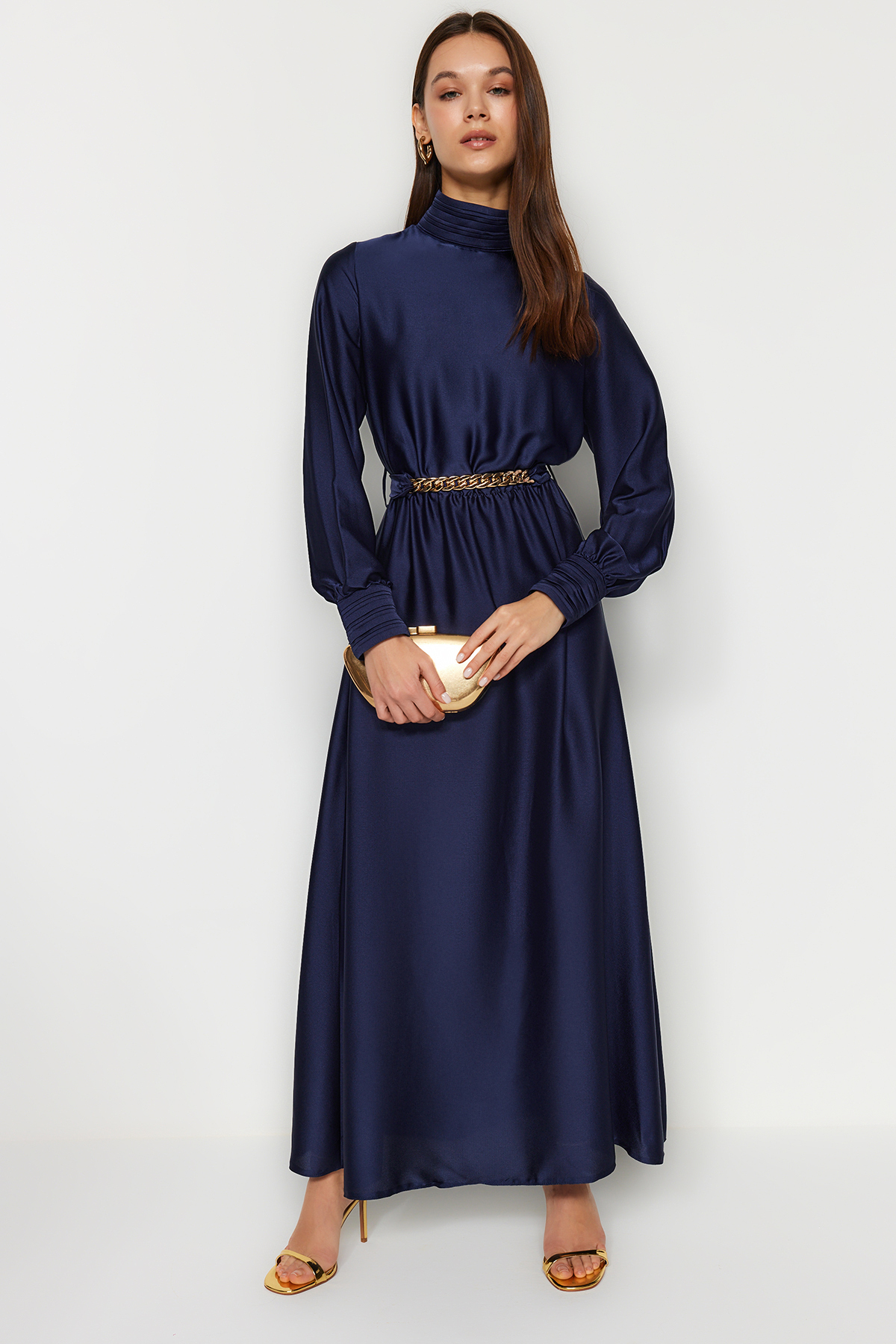 Trendyol Modest Marineblaues, Drapiertes, Detailliertes, Gewebtes Abendkleid Mit Schärpe, Kragen Und Bündchen für Damen - 36