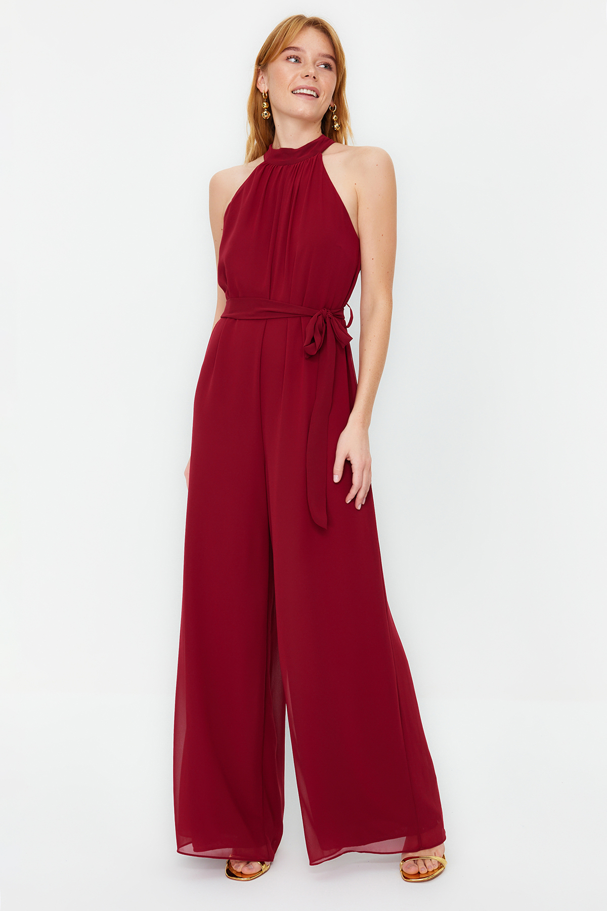 Trendyol Collection Burgunderroter Maxi-jumpsuit Aus Gewebtem Chiffon Mit Gürtel Und Futter für Damen - 38