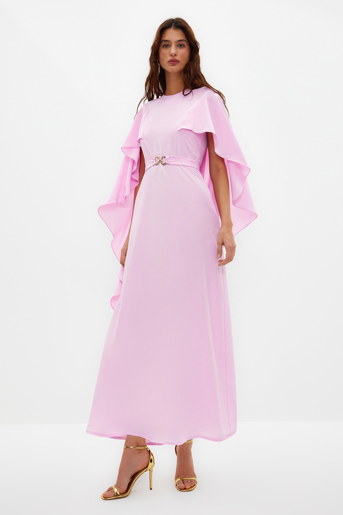 Trendyol Modest Lilafarbenes Cape Mit Gürtel, Detailliertes, Elegantes Gewebtes Abendkleid für Damen - 36