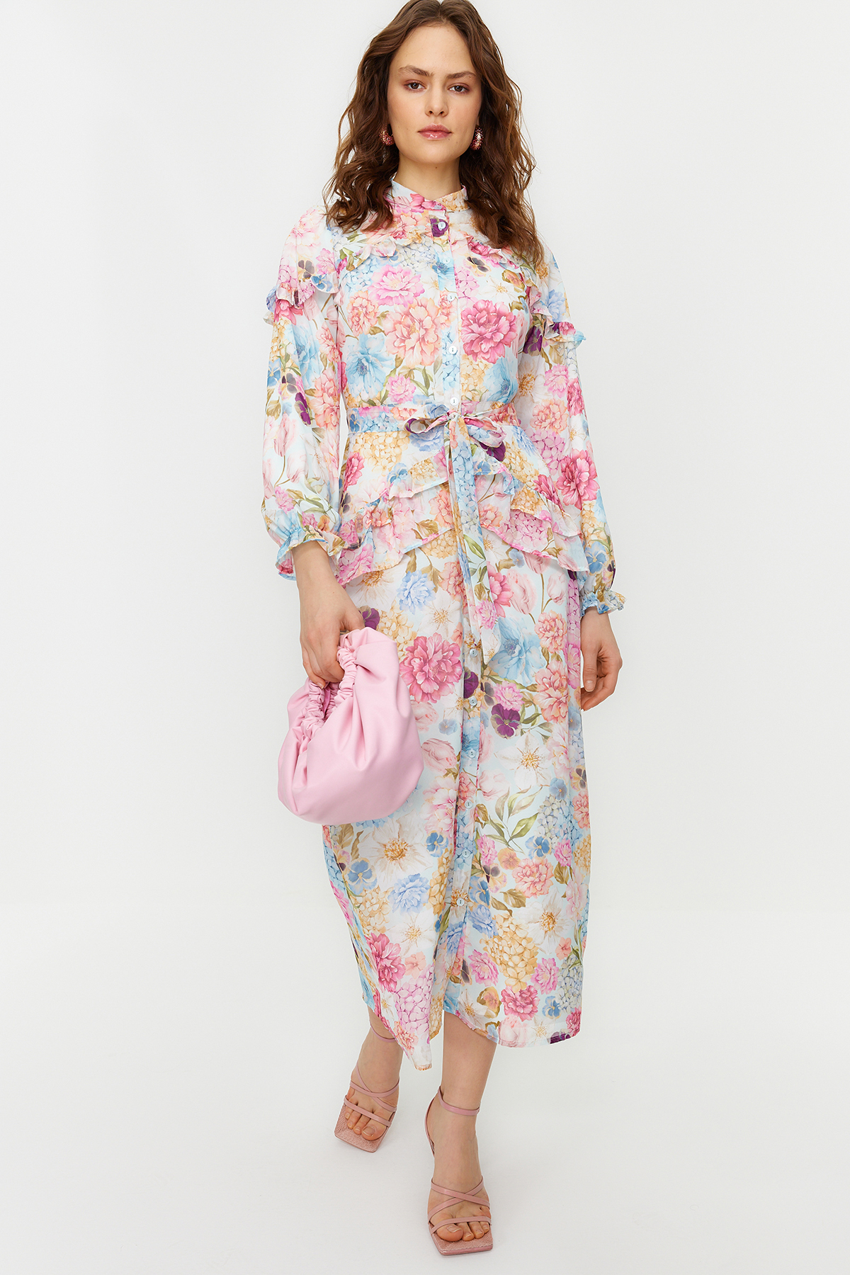 Trendyol Modest Fliederfarbenes Kleid Aus Gewebtem Chiffon Mit Floralem Rüschendetail Und Futter für Damen - 36