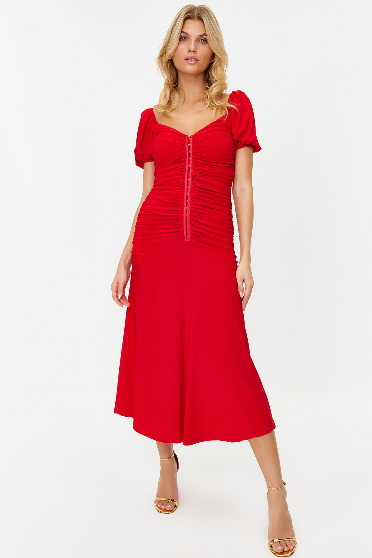 Trendyol Collection Elegantes Rotes Abendkleid Aus Strick Agraph Dress für Damen - 34