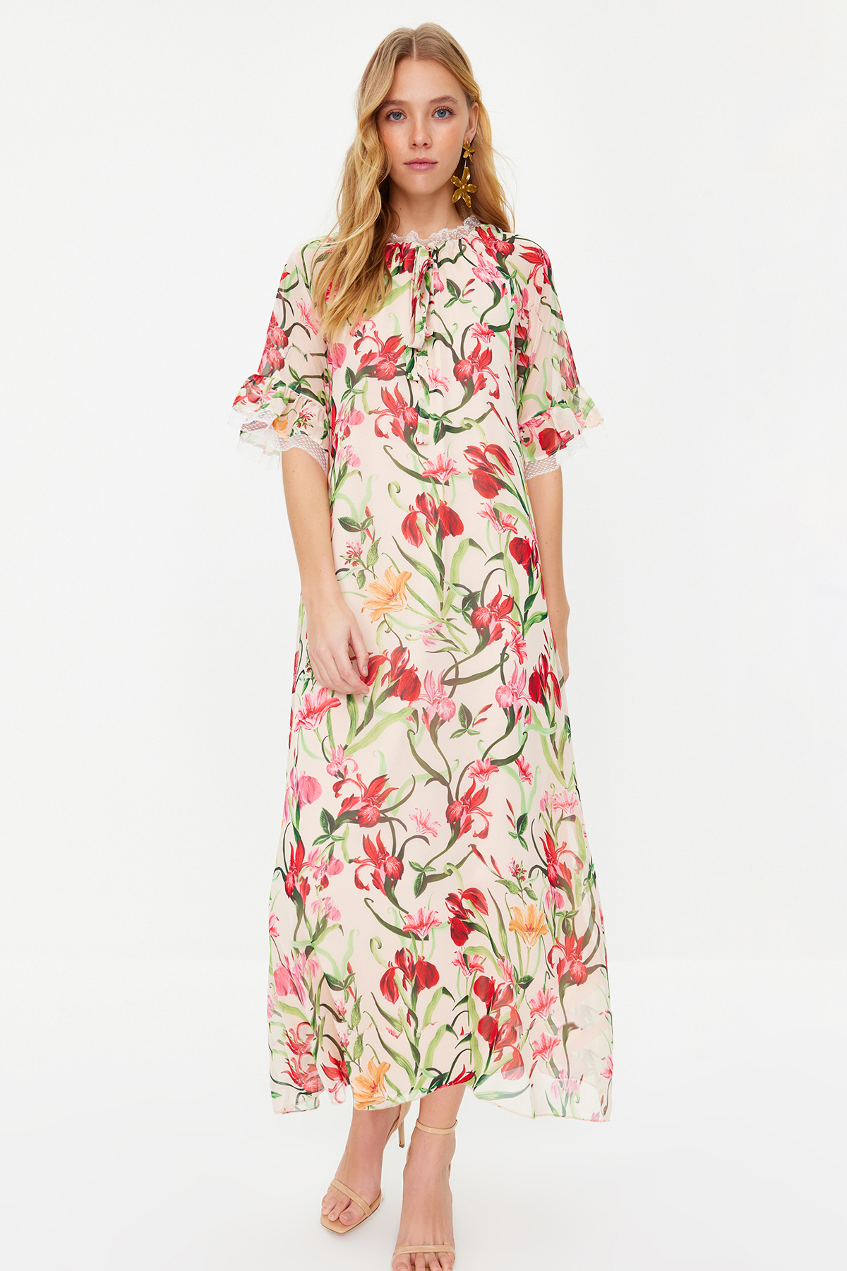 Trendyol Modest Ecru Blumen Chiffon Abendkleid für Damen - 38