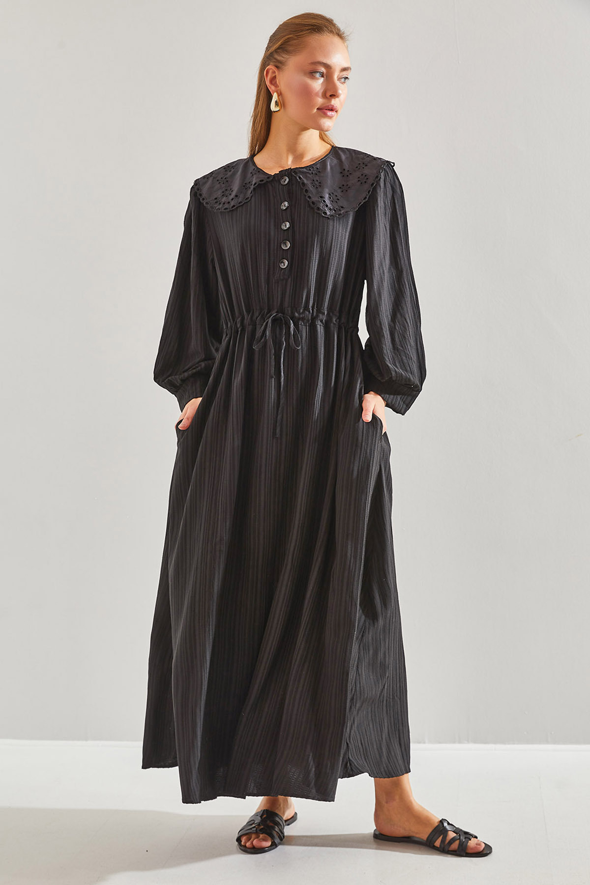 Bianco Lucci Modest Hijab-kleid Mit Gürtel, Babykragen, Spitze, Gemustert, Gefüttert, Ausgestellt, für Damen - L/XL