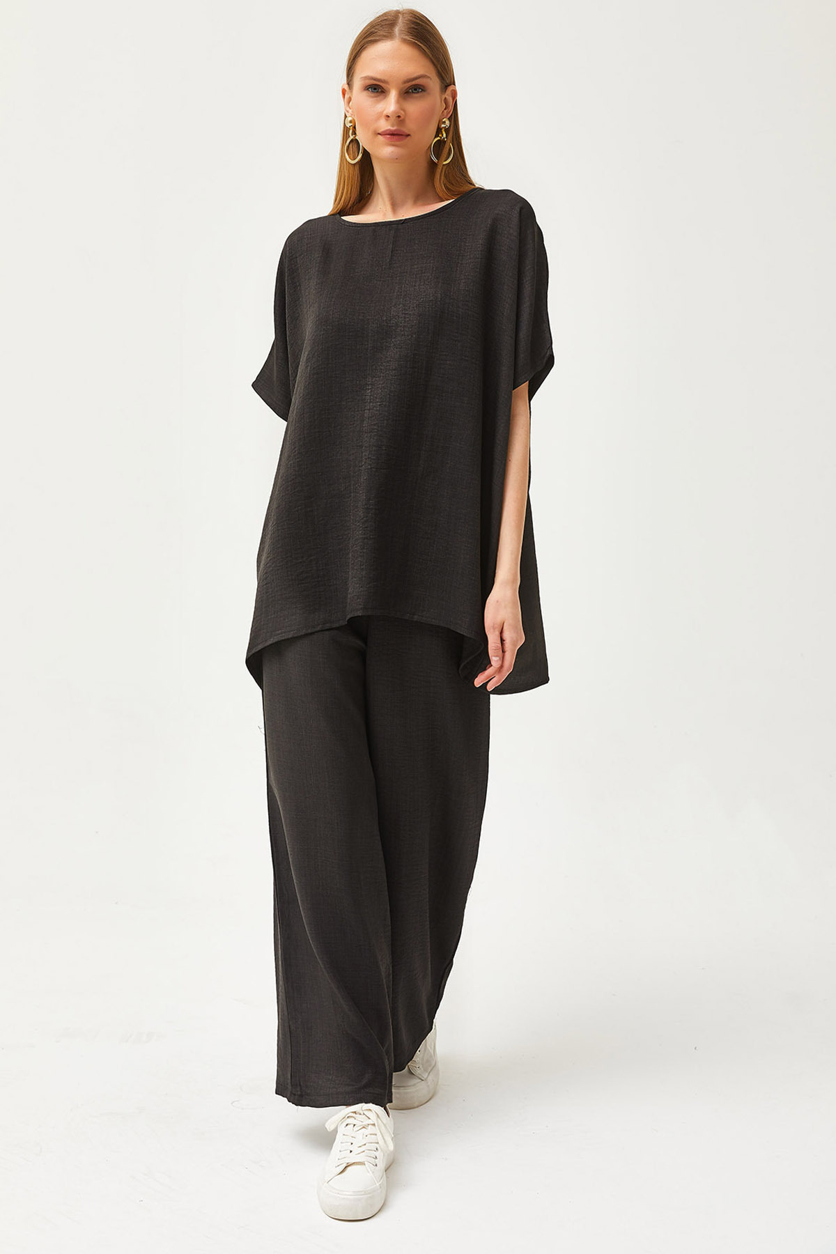 Olalook Anzug Mit Schwarzem Oberteil, Lockerer Bluse Und Untertasche, Palazzo-anzug Aus Leinen, für Damen - S