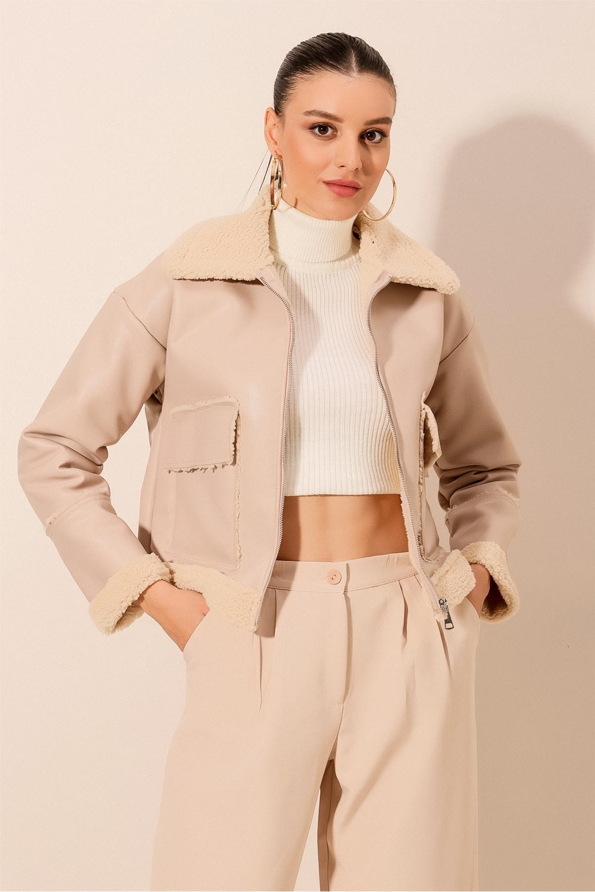 Bigdart 1039 Bomberjacke Aus Kunstleder – Ecru für Damen - 40