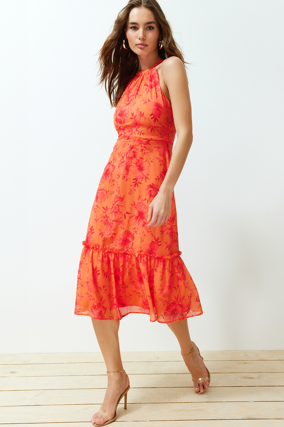 Trendyol Collection Oranges A-linien-midikleid Mit Neckholder Und Futter Aus Webstoff Und Blumendruck für Damen - 40