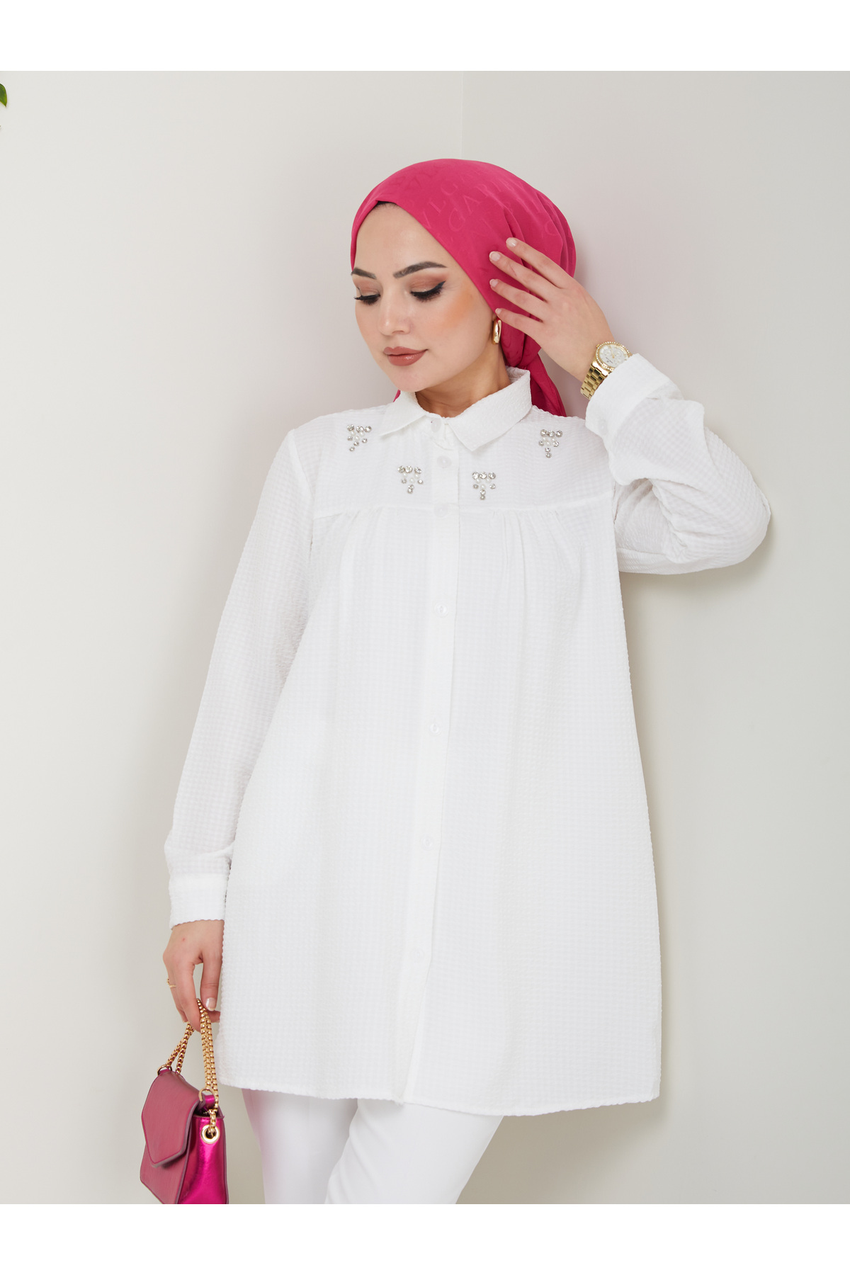 VOLT CLOTHİNG Hijab-tunika Mit Hemdkragen Und Schmucksteinen für Damen - S