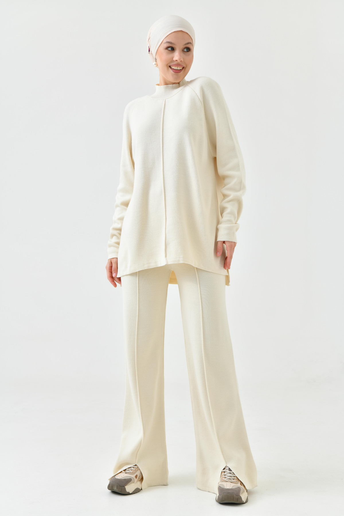 lovebox Bescheidener Strickstoff, Übergroßer Ecru-pullover Und Hoch Taillierte Hose, Hijab-unterteil-oberteil-strickwaren-set 1070 für Damen - S/M