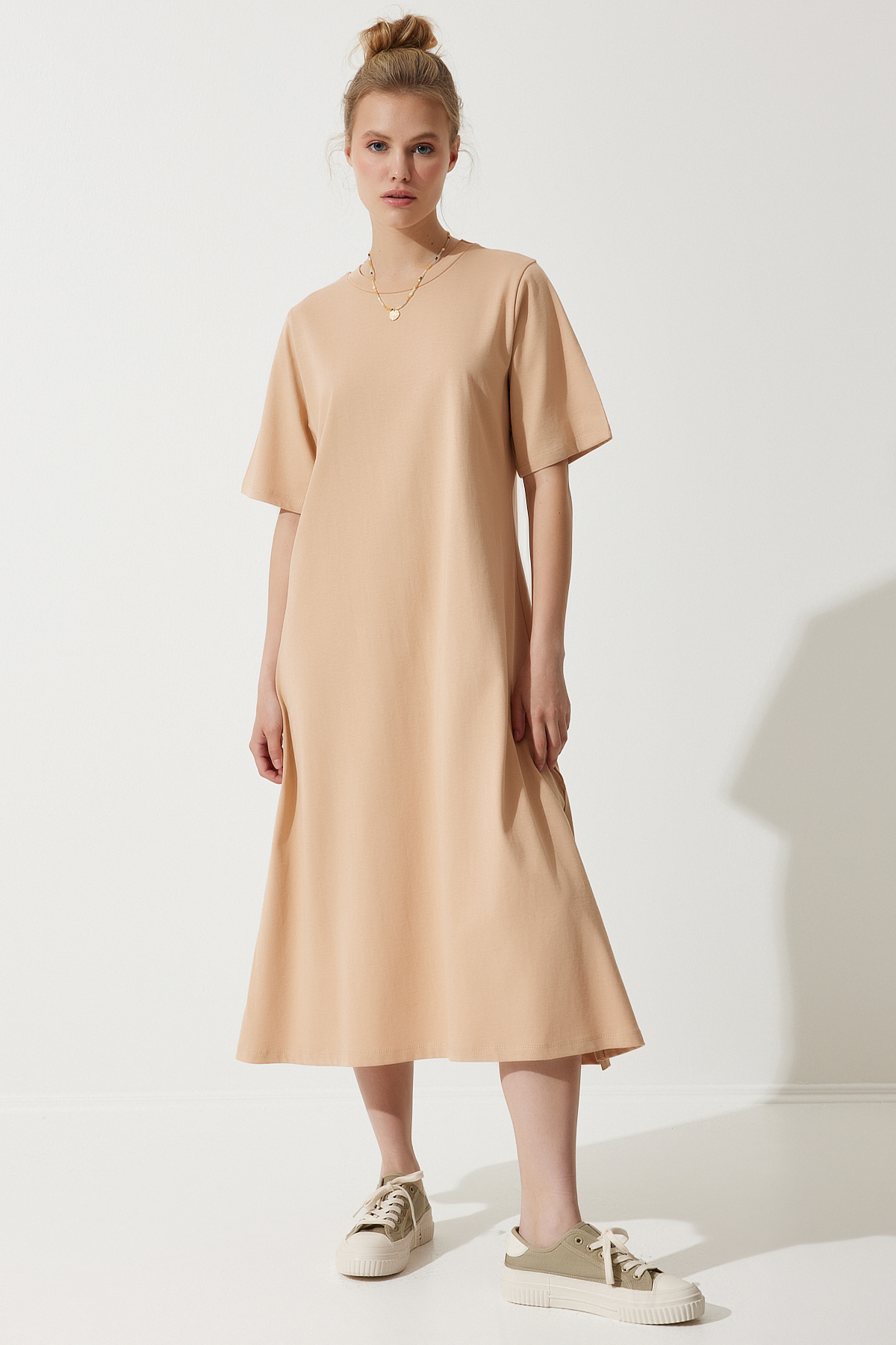 Happiness İstanbul Kleid In Keksform, Rundhalsausschnitt, Lockeres Und Bequemes Kleid Aus Gekämmter Baumwolle, für Damen - 36