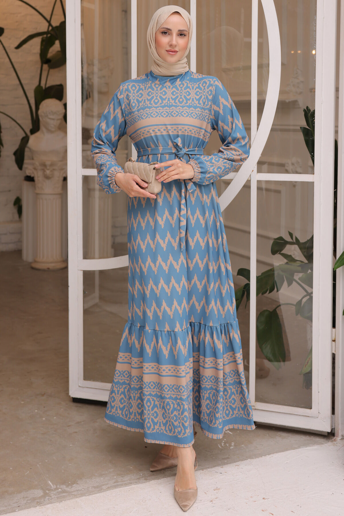 benguen 12016 Gemustertes Hijab Kleid Blau für Damen - 42-44