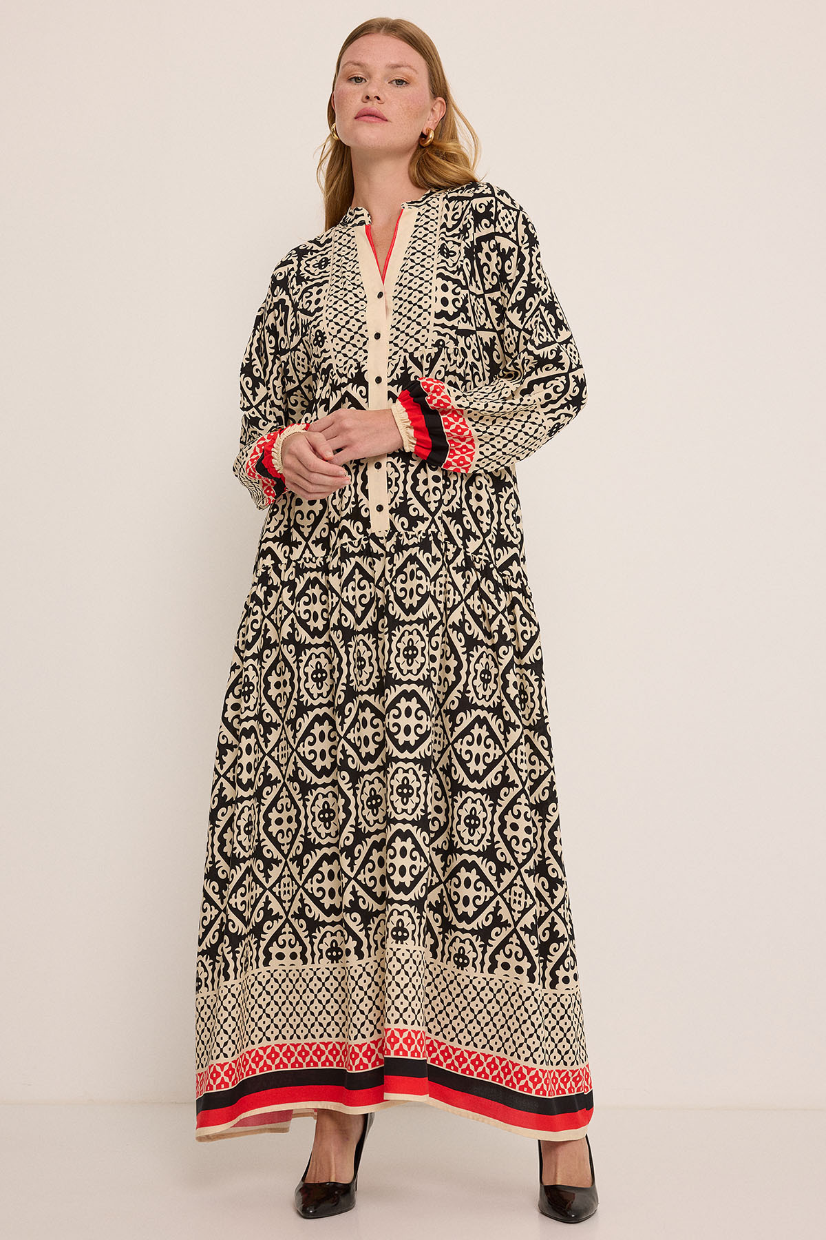 Bigdart Viskose Hijab Kleid Schwarz Beige 2423 für Damen - 38