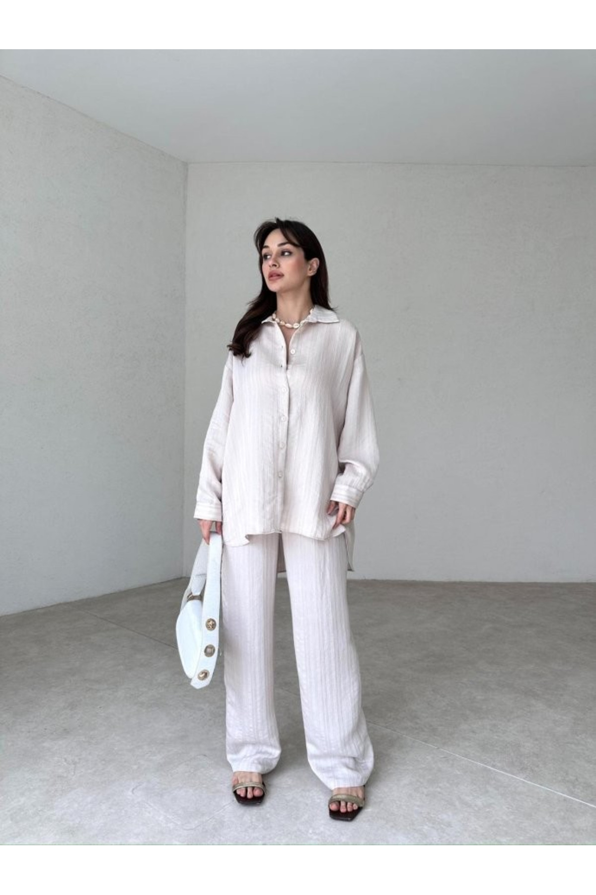 My Blog Beiges Set Aus Gestreiftem Hijab-langarmhemd Und Hose für Damen - L