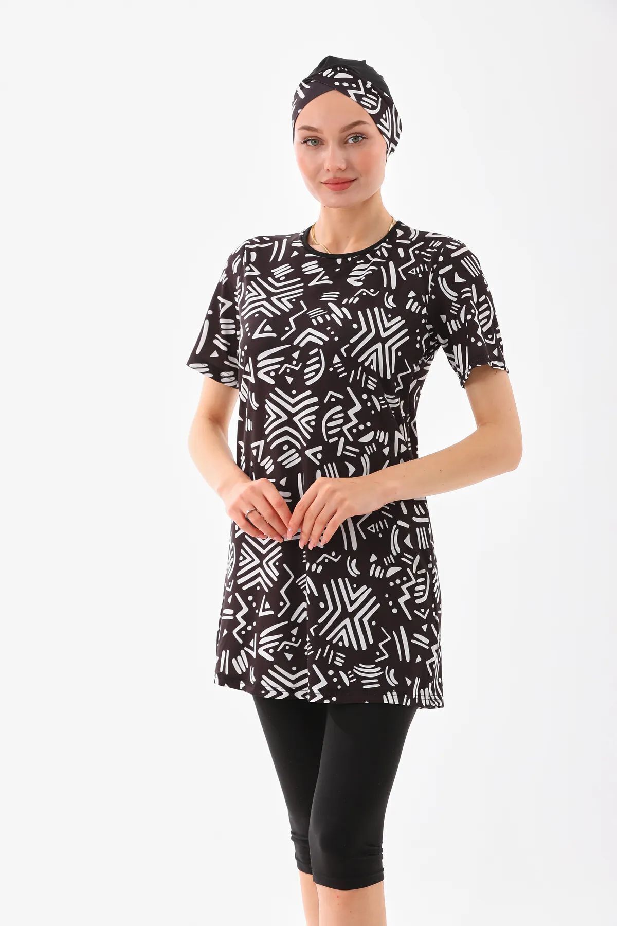 medipek Weißer Gemusterter Lycra-halbbedeckter Hijab-badeanzug für Damen - 42