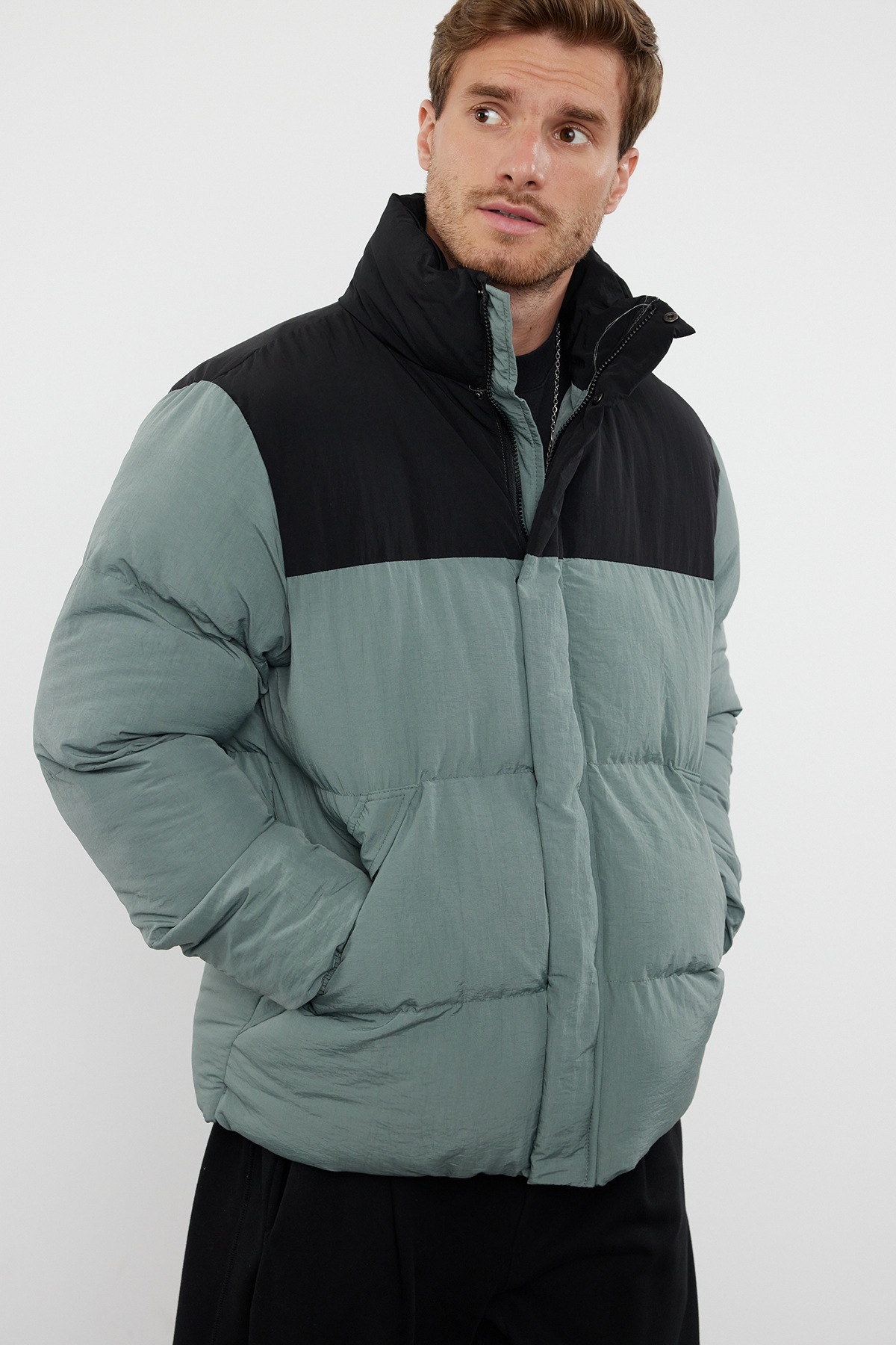 Trendyol Collection Mintfarbener Wintermantel Regular Fit, Stehkragen für Herren - L