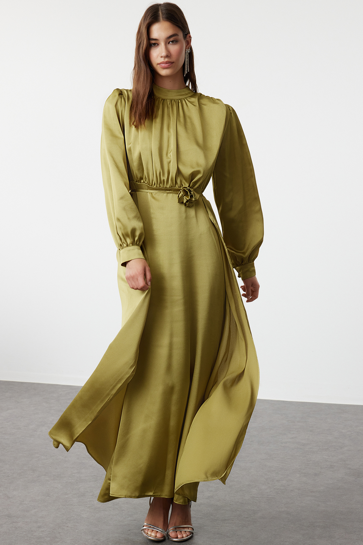 Trendyol Modest Ölgrünes, Rosafarbenes, Gewebtes Abendkleid-abendkleid Aus Satin für Damen - 40