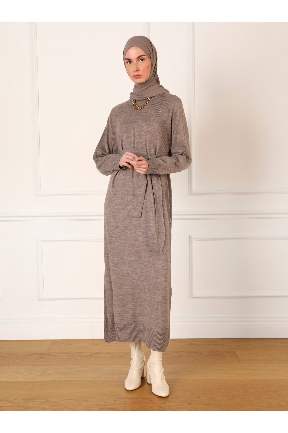 Refka Gürtel Detaillierte Reglan Ärmel Strick Hijab Kleid Nerz Refka für Damen - S/M