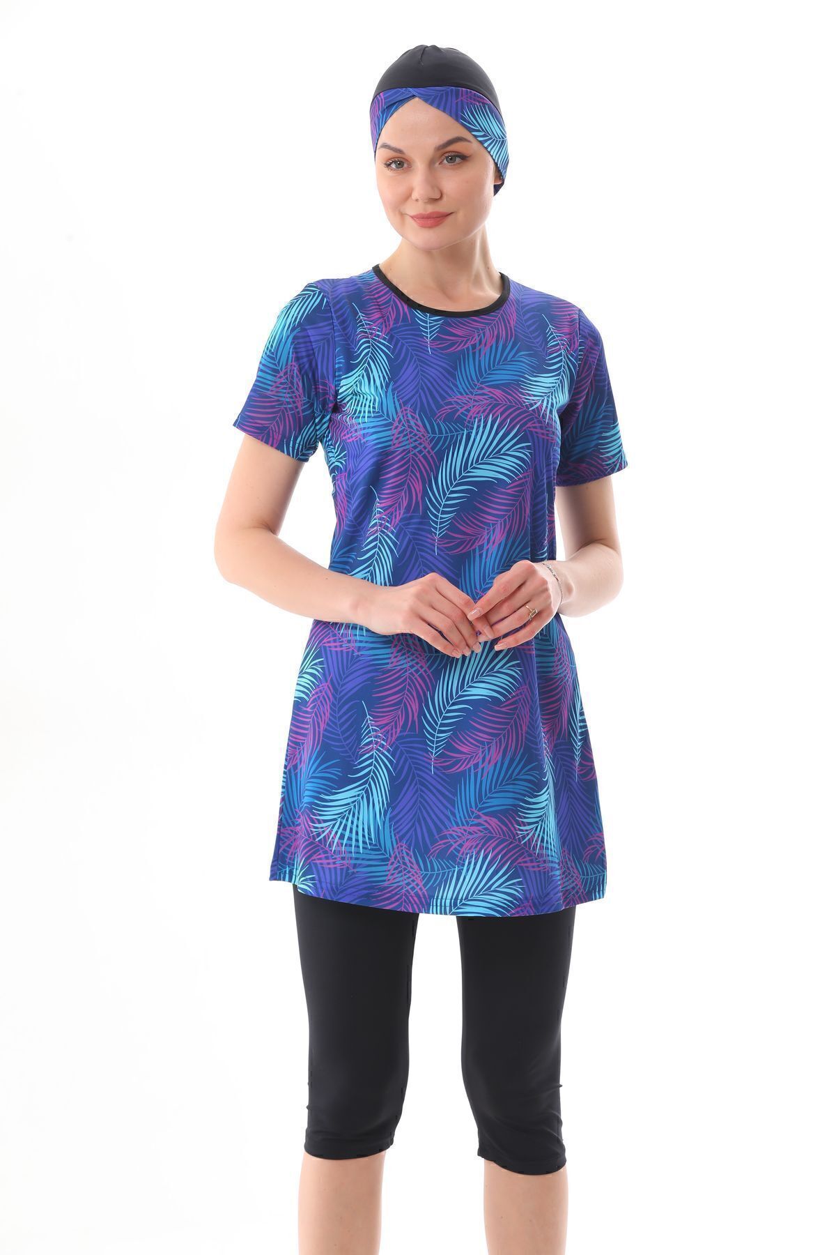 medipek Blau Gemusterter Halbgeschlossener Lycra-hijab-badeanzug für Damen - 40