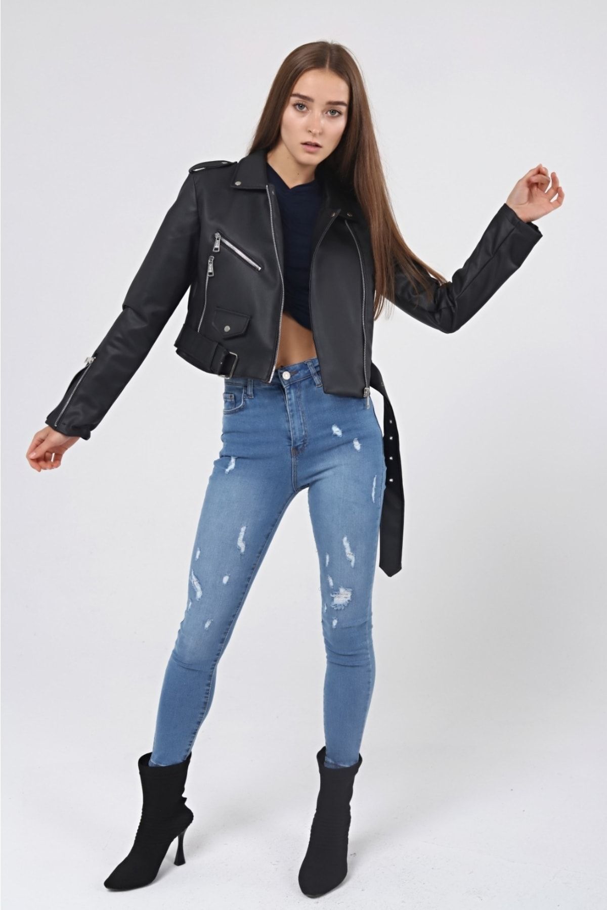 IŞILDA FASHION Bekleidung, Kunstlederjacke Mit Taschendetail Und Gürtel für Damen - S