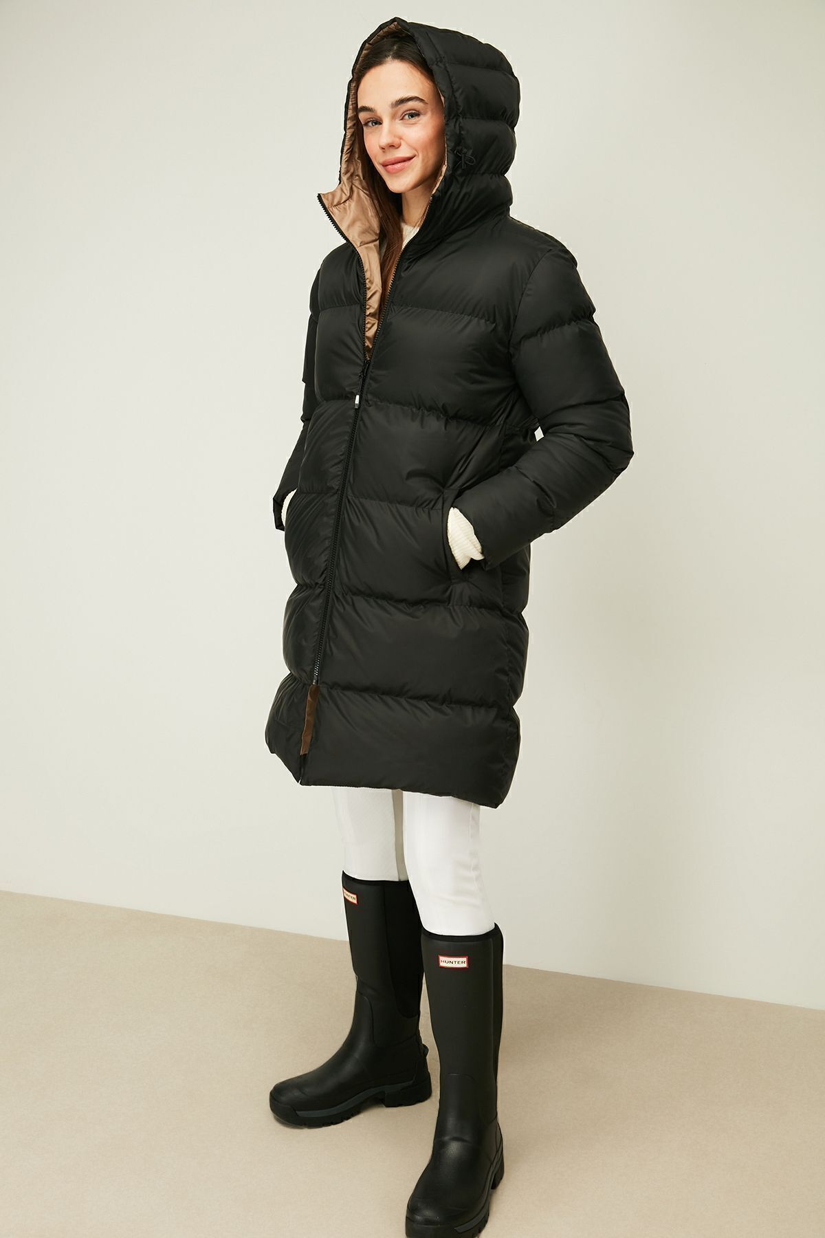 QAWWA Wintermantel Aus Schwarzer Faser Mit Kapuze, Winddicht, Lang, Aufblasbar für Damen - M