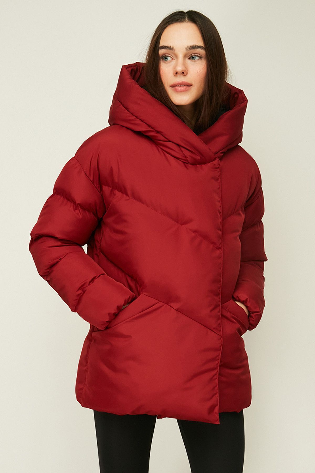 QAWWA Roter, Winddichter, Aufblasbarer Wintermantel Mit Kapuze für Damen - XL