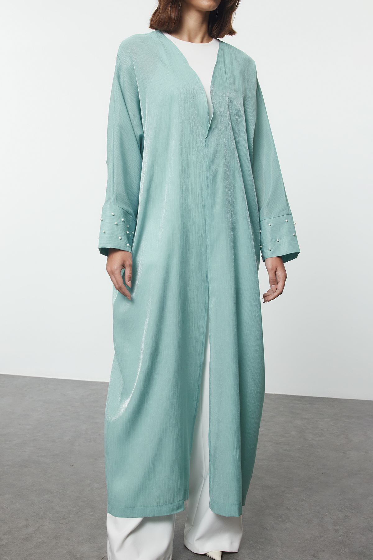 Trendyol Modest Glänzendes Mintgrün, Gewebt – Kappe, Ferace Und Abaya Mit Perlenverzierung für Damen - 36-38