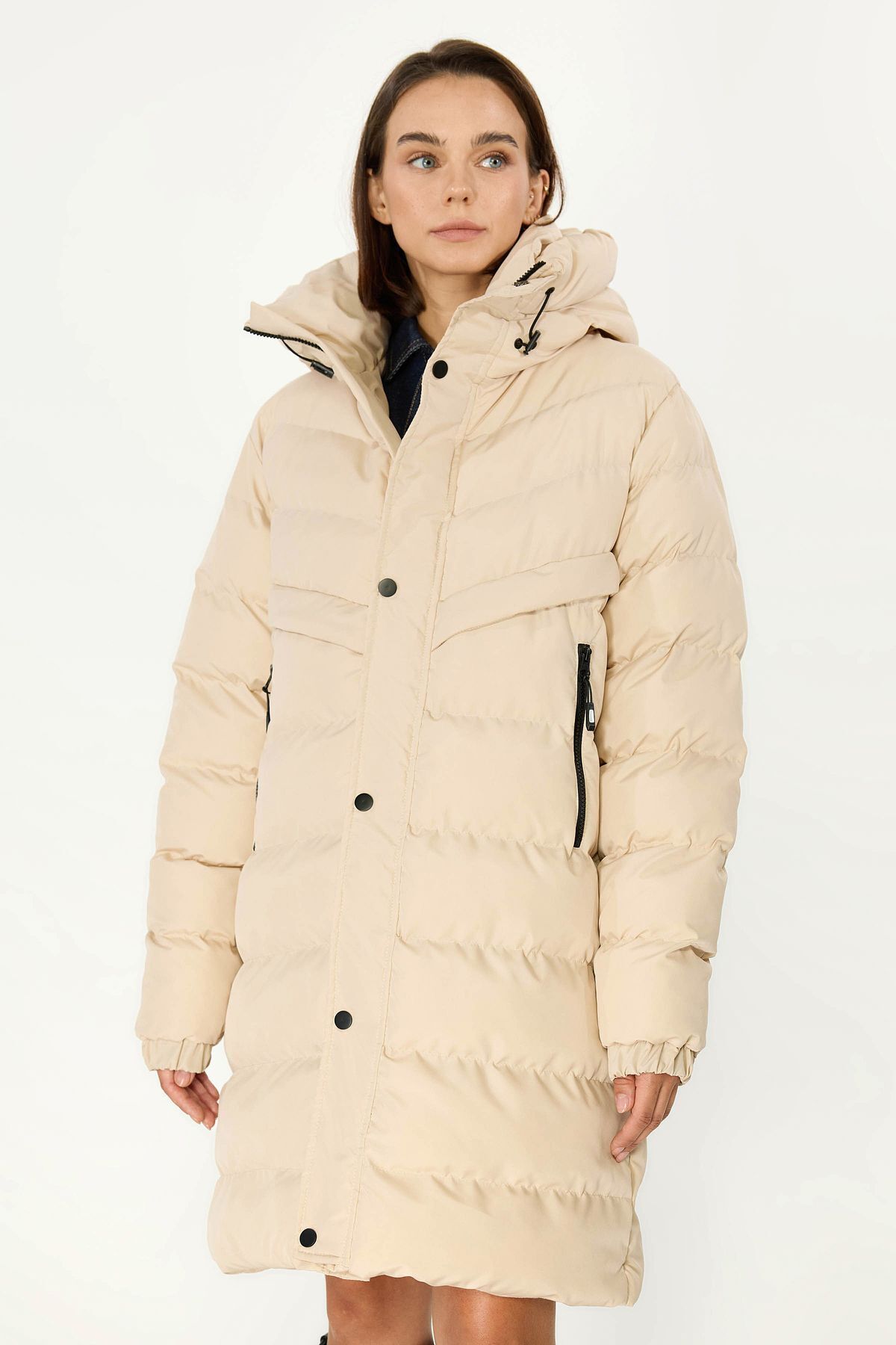 QAWWA Parka-mantel Mit Kapuze, Winddicht, Beige, Aufblasbar, Lang, Wintermantel für Damen - 2XL