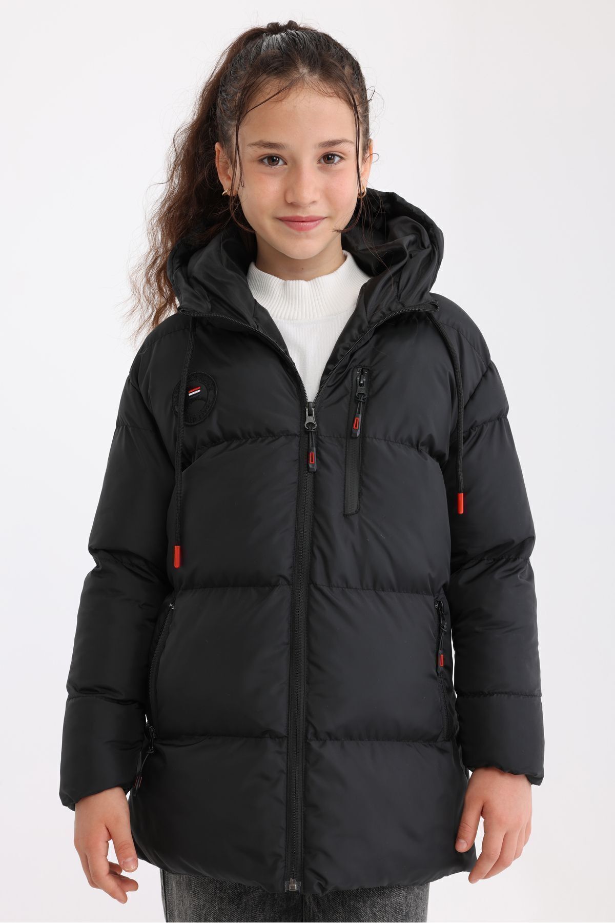 QAWWA Schwarzer, Winddichter, Aufblasbarer Wintermantel Mit Kapuze Für Mädchen für Damen - 12–13 Jahre