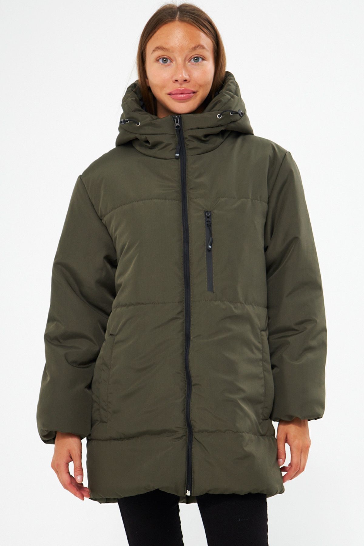 QAWWA Khakifarbener, Gefütterter, Winddichter, Sportlicher, Aufblasbarer Wintermantel für Damen - L