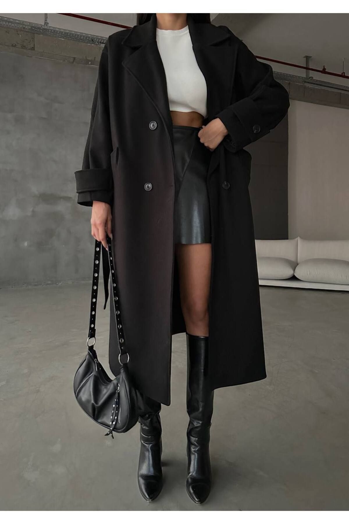 LB Laluna Butik Mantel Mit Manschettendetail, Gürtel, Langer Kaschmir-mantel, Übergröße, Bequemer Schnitt für Damen - S