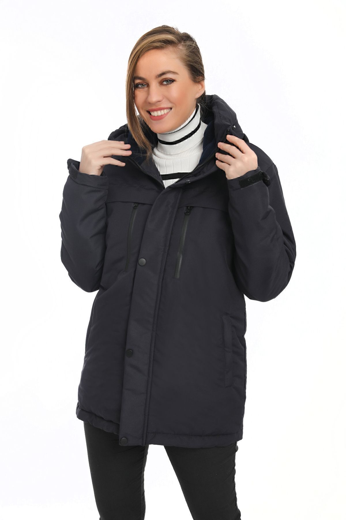 freemen Marineblauer Fleece-wintermantel Und Parka Mit Fellfell , Wasser- Und Winddicht, Mit Kapuze für Damen - L