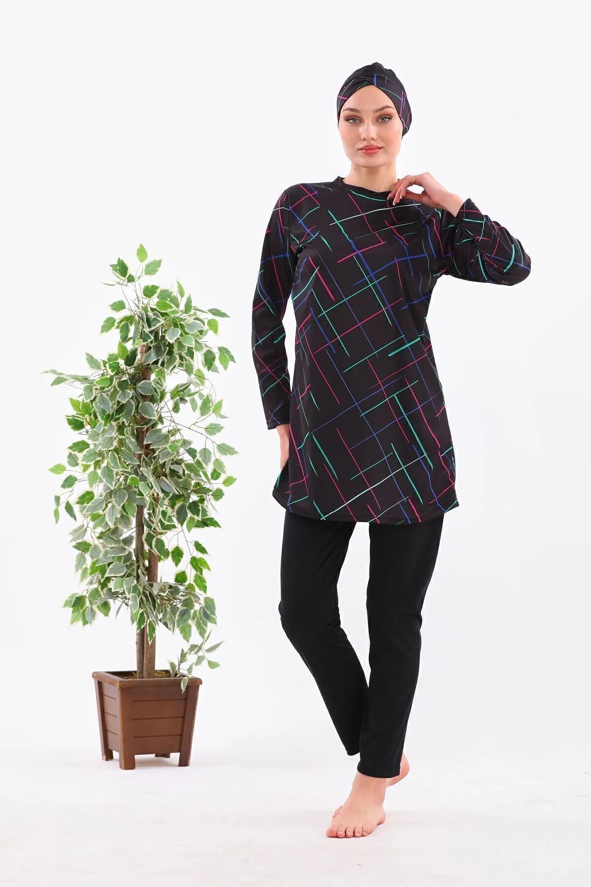 medipek Vollständig Bedeckender Lycra-hijab-badeanzug, Schwarz Gemustert, Hell für Damen - 44