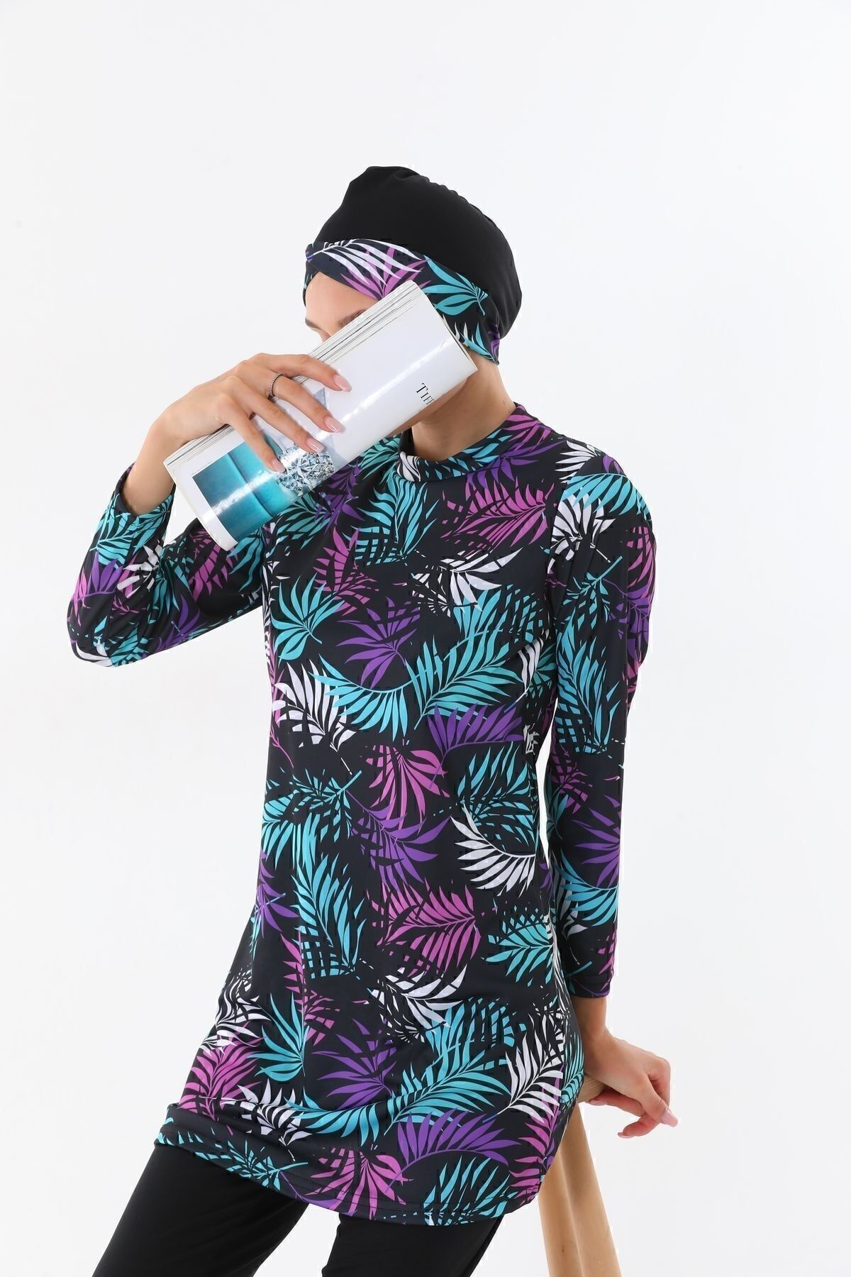 medipek Voll Bedeckter Hijab-badeanzug Aus Lycra Schwarz-rosa-blatt für Damen - 50