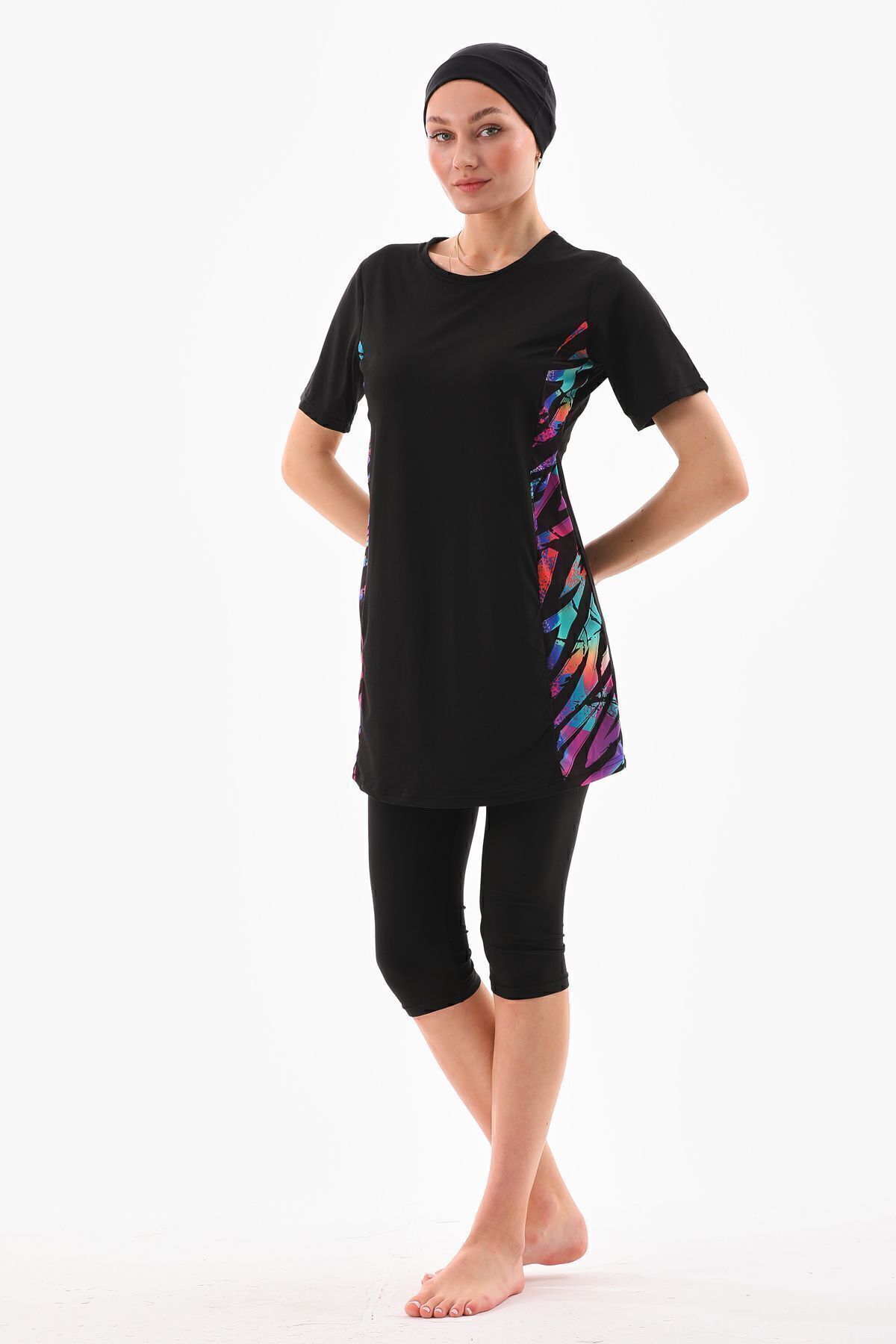 medipek Halbgeschlossener Hijab-badeanzug Aus Lycra In Schwarz Mit Muster für Damen - 46