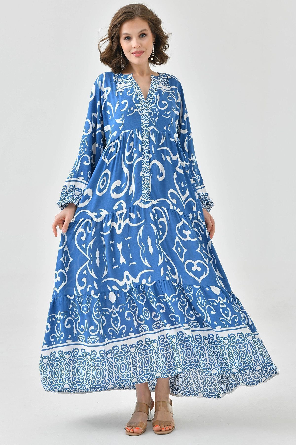 bacc Hellblaues Hijab-kleid Mit Richterkragen, Gemustert, Halb Geknöpft, Lange Länge, Viskose, Gewebt, Bc 241150 für Damen - 40