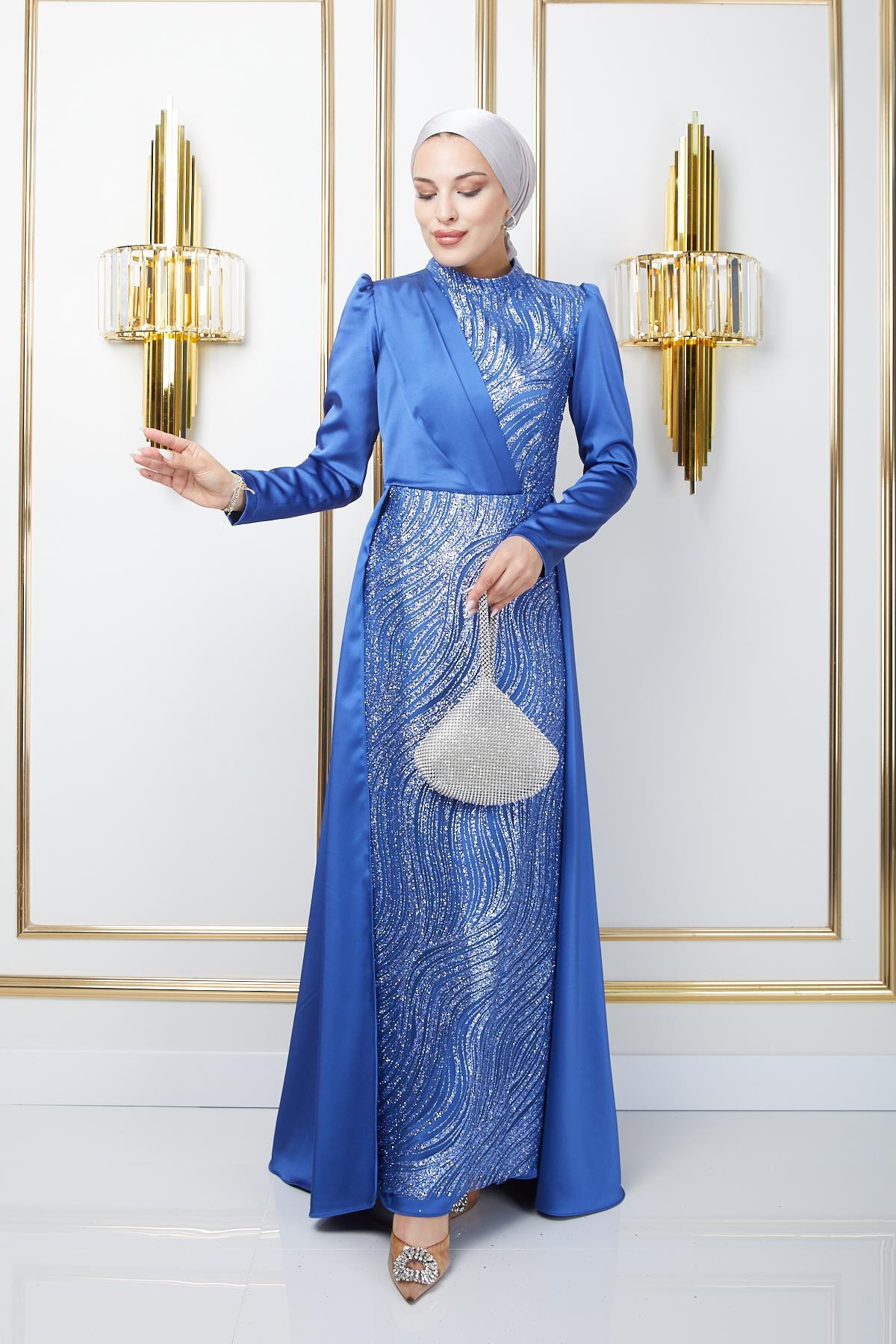 Olcay Satin-hijab-abendkleid Mit Stempel Und Glitzerndem Umhangsaum Indigo für Damen - 42