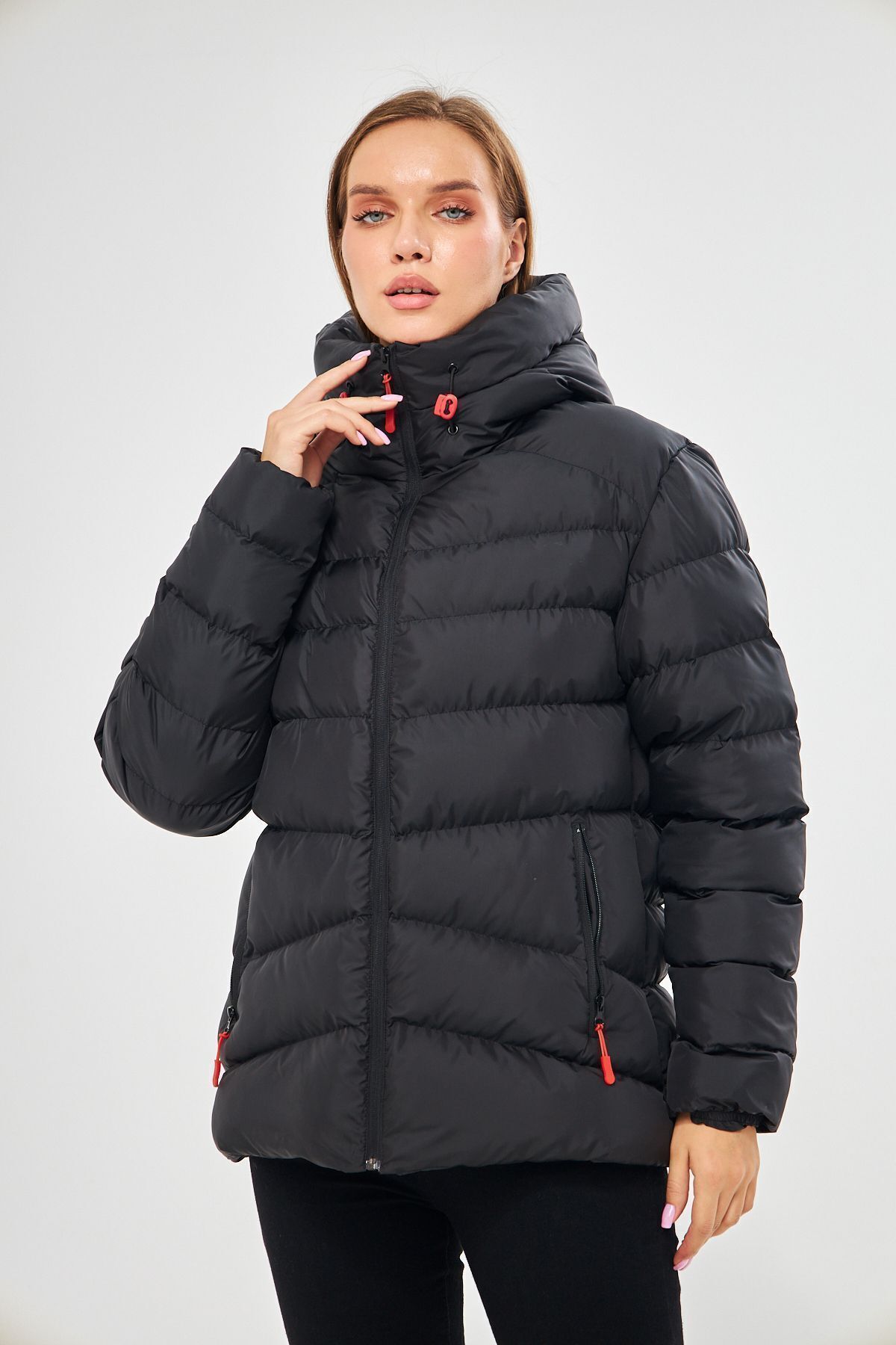 D1fference Schwarzer, Winddichter, Aufblasbarer Wintermantel Mit Kapuze – für Damen - XL