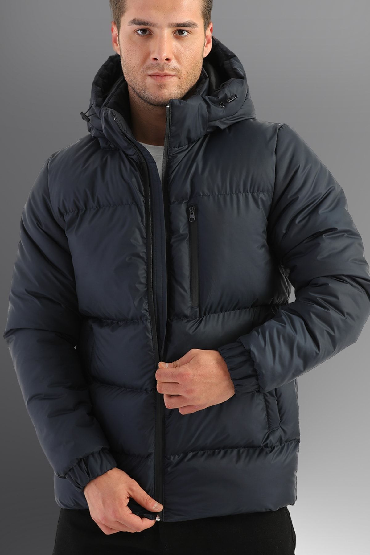 D1fference Marineblauer, Dick Gefütterter, Aufblasbarer Sport-wintermantel Mit Kapuze für Herren - L