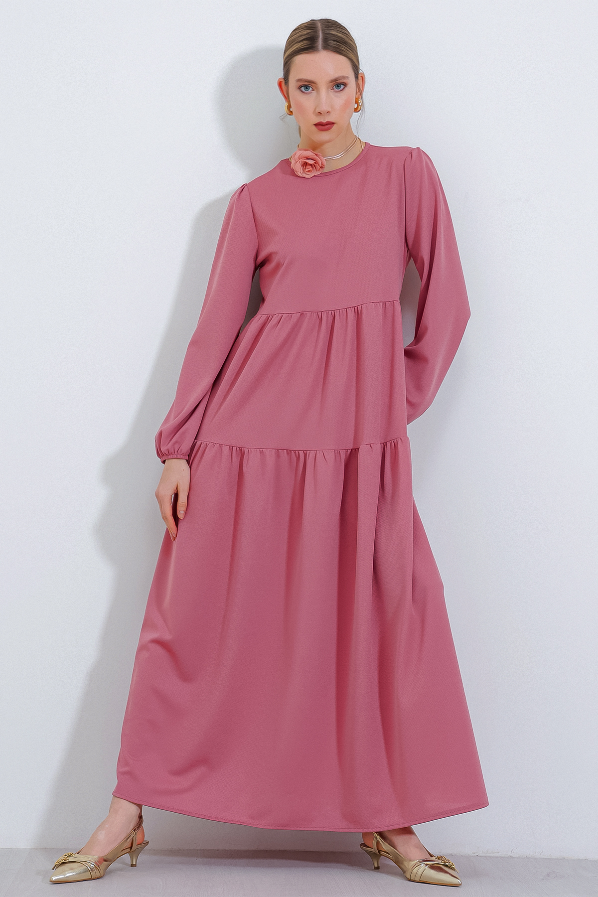 Bigdart Langes Gestricktes Hijab-kleid In Getrockneter Rose 2482 für Damen - 38