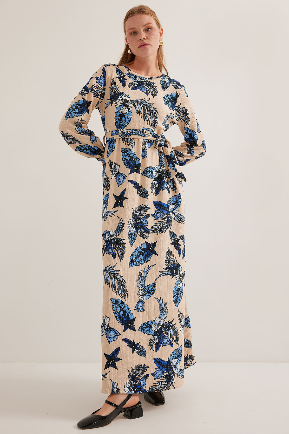 Bigdart Blaues, Cremefarbenes Gemustertes Hijab-strickkleid 1525 für Damen - 38