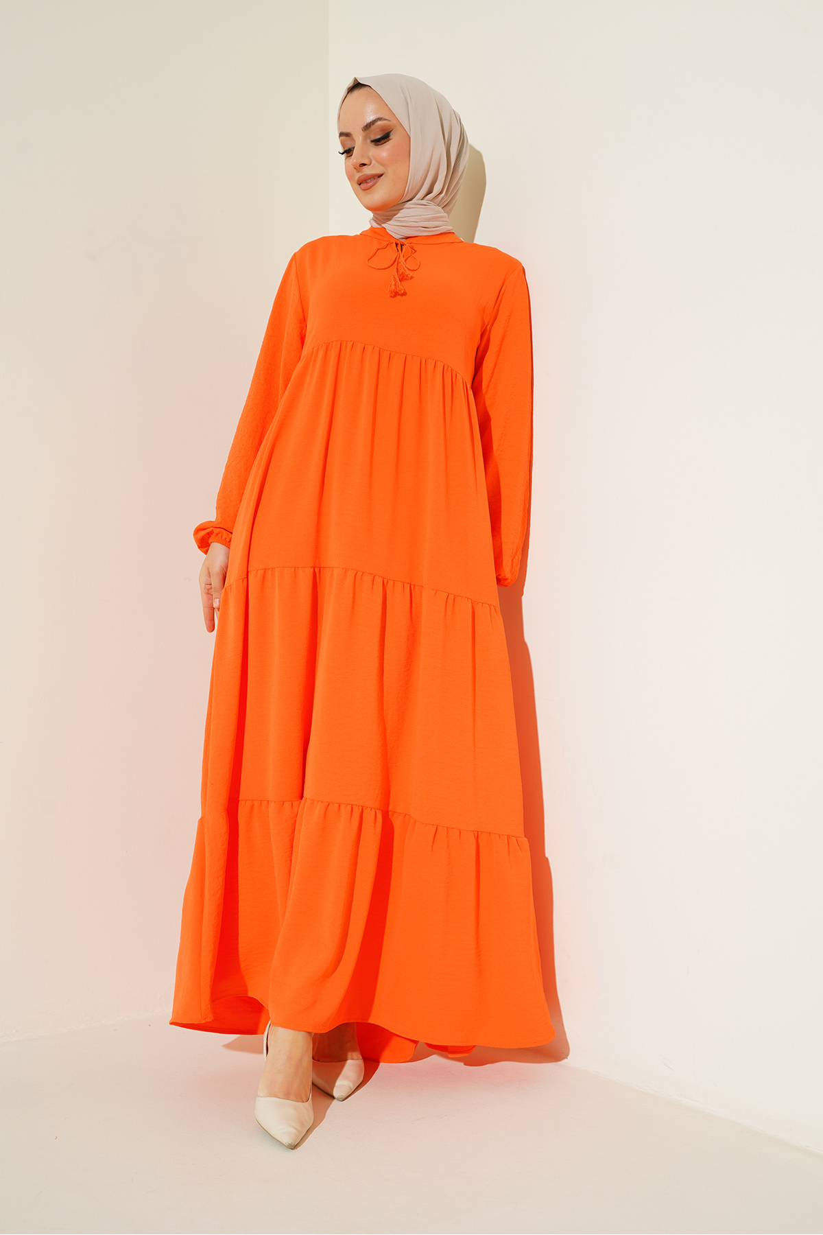 Bigdart 1627 Hijab-kleid Mit Kragen Und Schnürung – Orange für Damen - 38