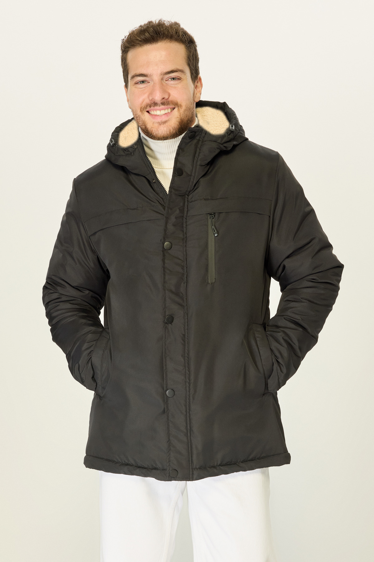 D1fference Schwarzer, Winddichter Wintermantel, Mantel Und Parka Mit Kapuze für Herren - XL