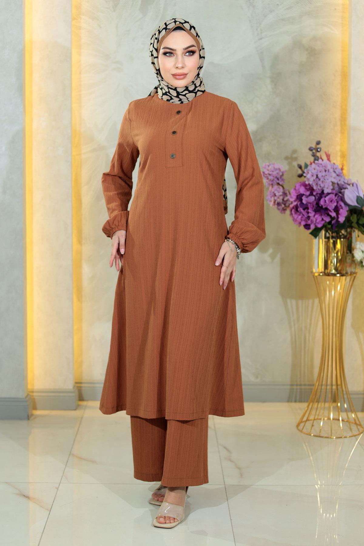 Modamihram Geknöpftes Hijab-set, Hellbraun für Damen - 48