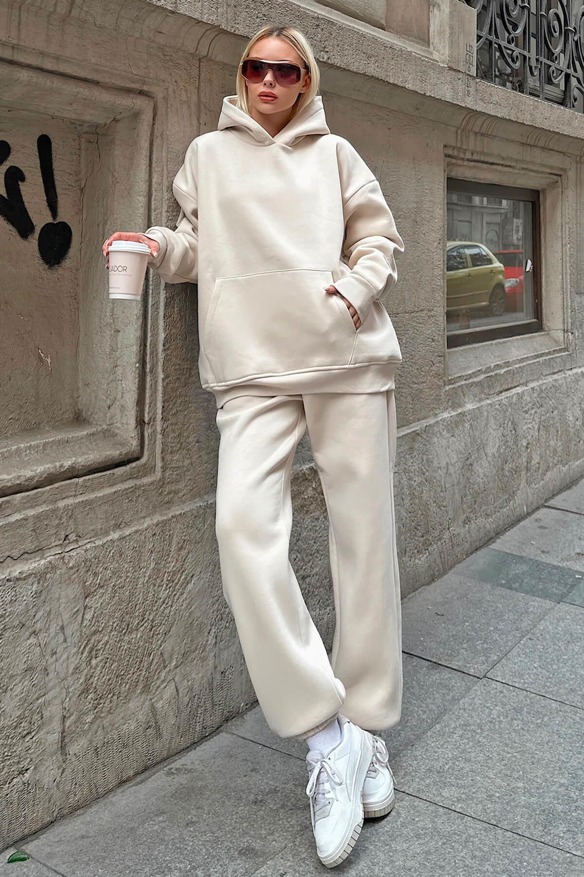 Swist Beige Felpa Kapuzen-sweatshirt-trainingsanzug Trainingsanzug-set für Damen - M