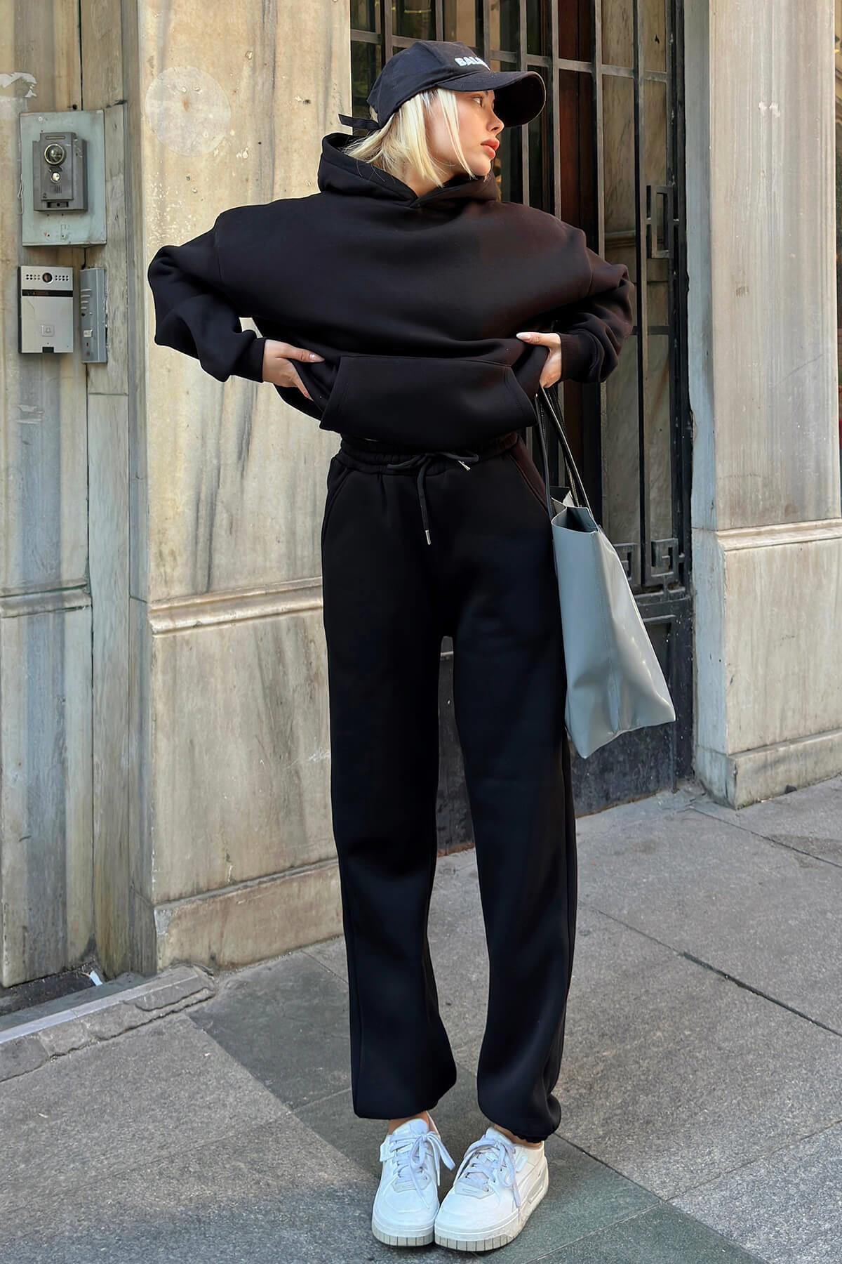 Swist Schwarzes Felpa Kapuzen-sweatshirt-trainingsanzug-trainingsanzug-set für Damen - M