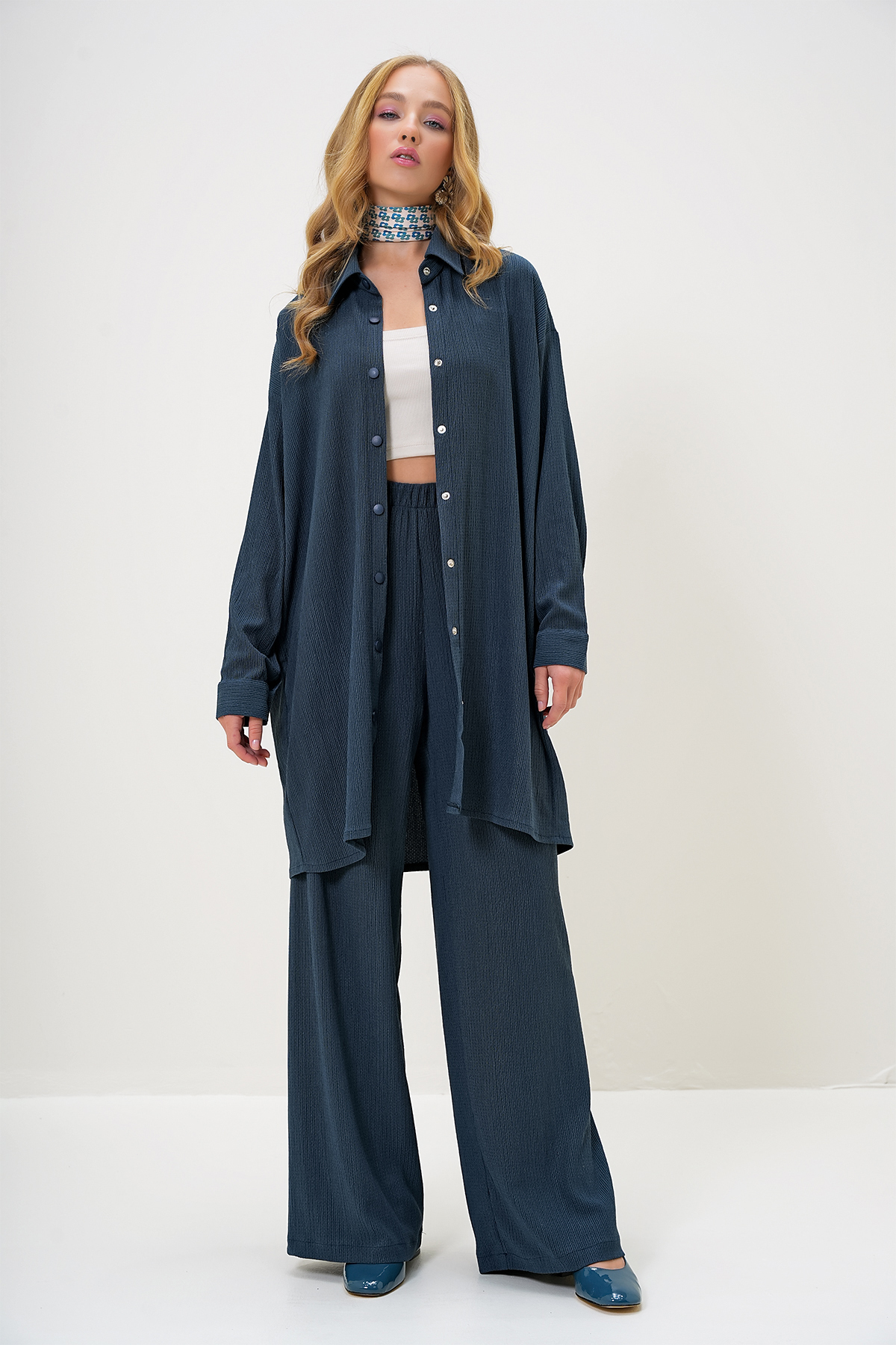 Trend Alaçatı Stili Set Aus Petrol-hemd, Revers, Knopfleiste Vorne, Hemd Und Hose für Damen - S