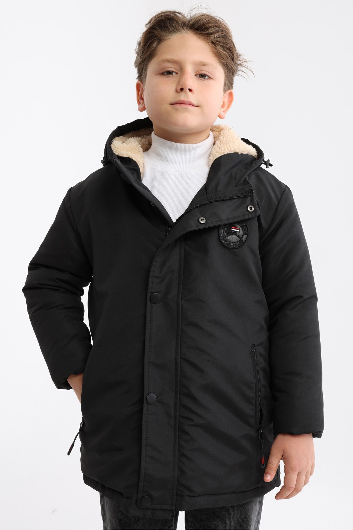 QAWWA Winddichter Schwarzer Wintermantel Und Parka Für Jungen Mit Kapuze Aus Lammfell für Herren - 12–13 Jahre