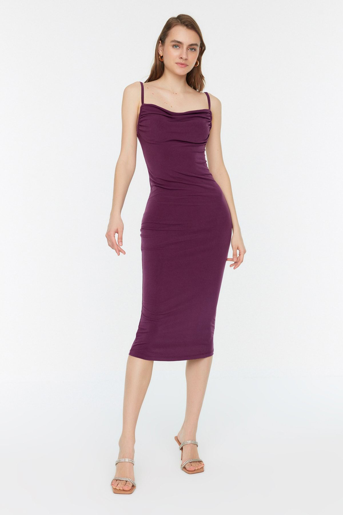 Trendyol Collection Lila, Tailliertes Midi-bleistiftkleid Aus Flexiblem Strick Mit Degaje-kragen Und Midi-trägern für Damen - XL