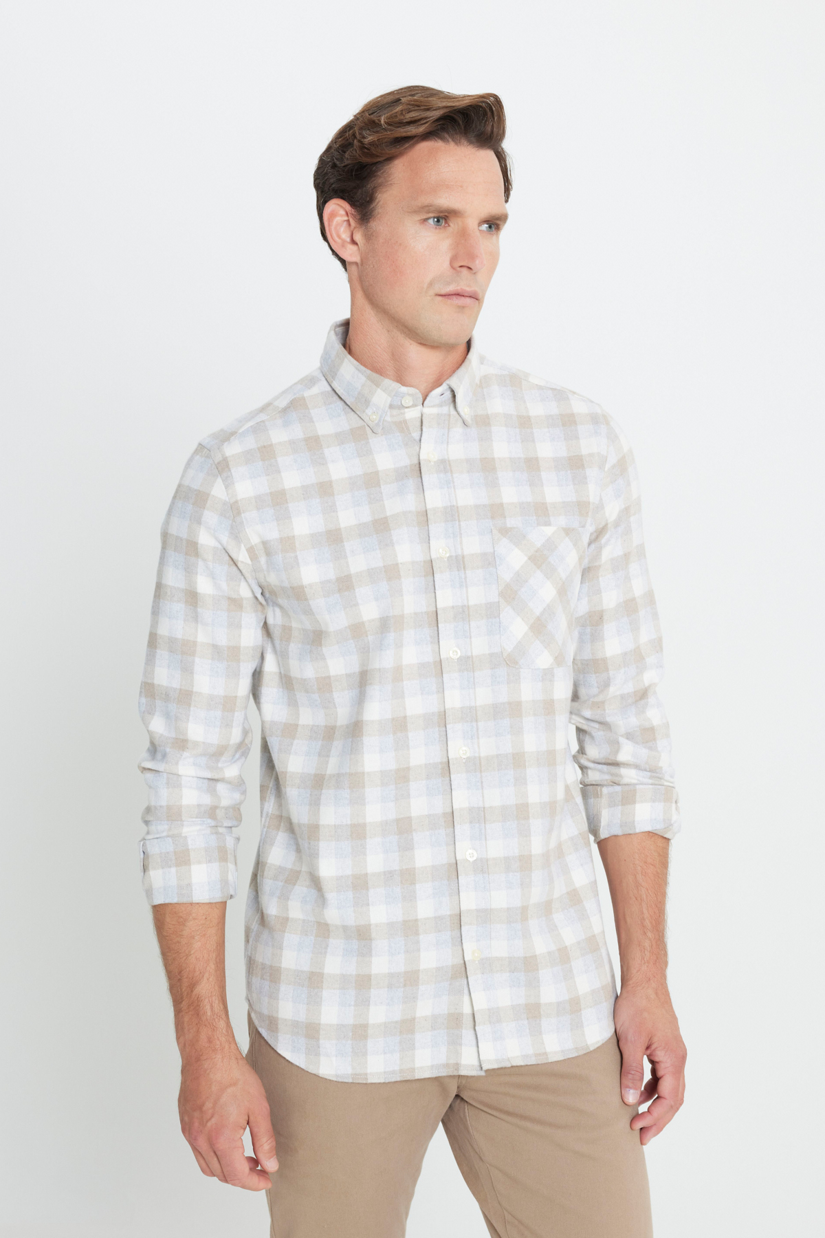 AC&Co / Altınyıldız Classics Beige-graues Slim Fit Holzfällerhemd Slim Fit, Knopfkragen, Warmer Karierter Winterflanell für Herren - M